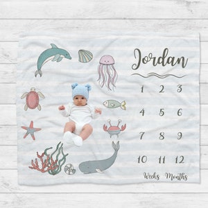 Coastal Nautical Baby milestone Blanket, Blue Beach Ocean Sea Baby Boy blanket, Dolphin Whale  Personalized Blanket,Baby shower newborn gift