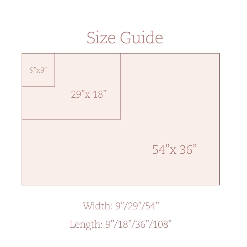 May include: A size guide graphic with three rectangles of varying sizes, labeled with dimensions in inches. The smallest is 9"x9", the medium is 29"x18", and the largest is 54"x36". Text at the bottom indicates widths and lengths.