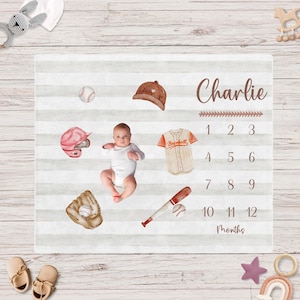 Baseball Baby Boy Milestone Blanket Personalized, Sports Blanket with Name Newborn Gift, Baby Shower Growth Blanket, Baseball Player Fan