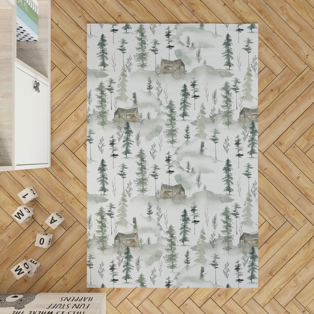 Forest Mountain Nursery Rug, Green Pine Trees Rug Kids Room, Watercolor Forest Woodland Nursery