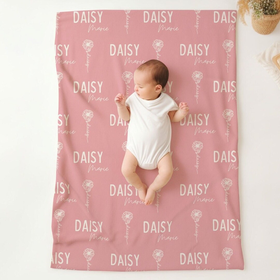Personalized Pink Daisy Baby Blanket, April Birth Flower Gift, Baby