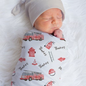 Fire truck personalized Swaddle Blanket, Fireman Baby Name Blanket boy girl, Custom Baby Girl Gift, Hospital Blanket