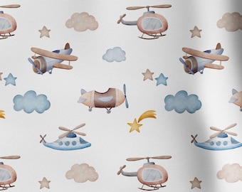 Airplane Pima Cotton Fabric, Nursery Decor, Extra Soft Breathable Quilt Material