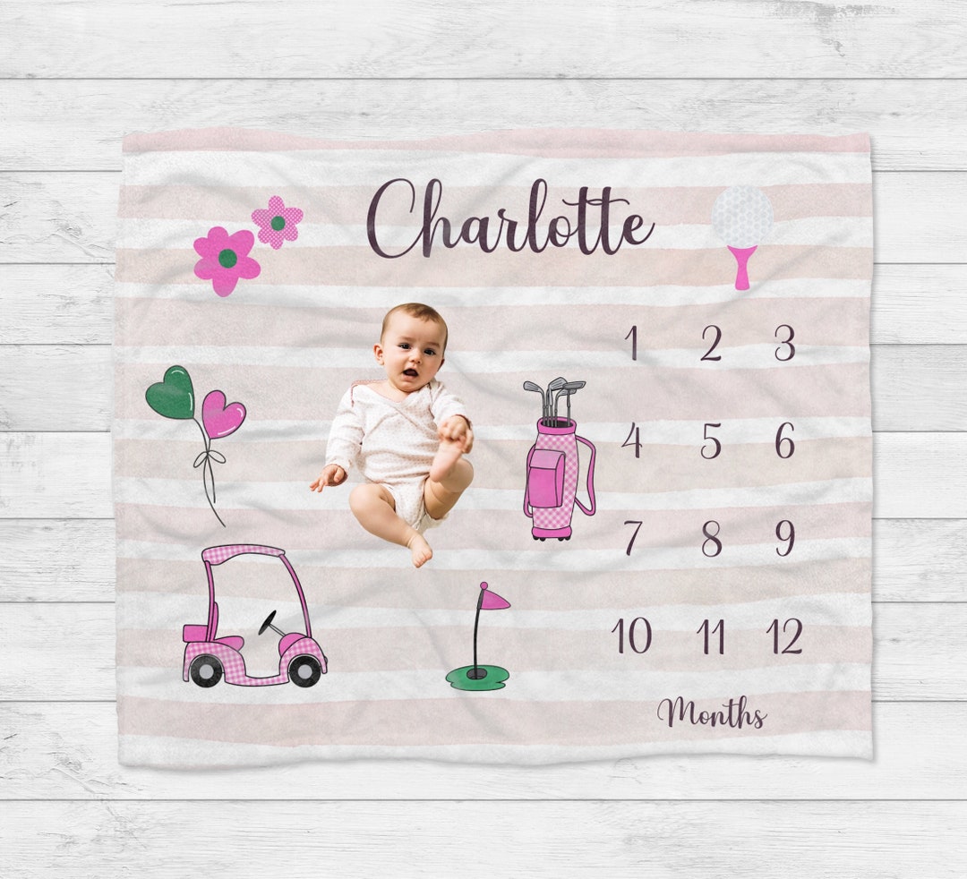 Golf Baby Girl Month Milestone Blanket, Golfer Personalized Name