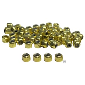 May include: A pile of gold-coloured metal nuts with a few nuts separated in a row below. The nuts have a hexagonal shape and a small hole in the centre.