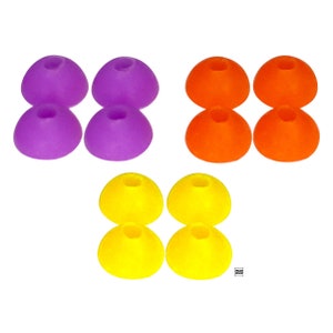 May include: Set of six silicone earplugs in purple, orange, and yellow. Each color comes in a pair.