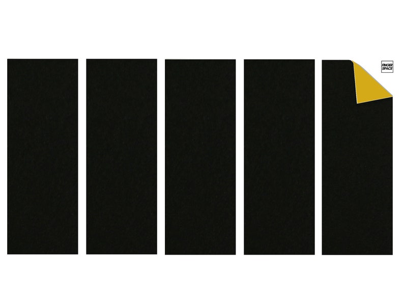 May include: Five black felt pads with adhesive backing. The pads are rectangular and have a slightly textured surface. One pad has a corner folded back to show the yellow adhesive.