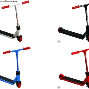 May include: Four scooters in different colors: white, black, blue, and red. Each scooter has a black deck, red handlebars, and black wheels. The scooters are all in the same pose, with the handlebars pointing to the right.