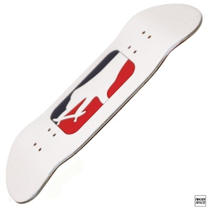 May include: White fingerboard with a red, white, and blue graphic design. The graphic features a stylized figure in a jumping pose.