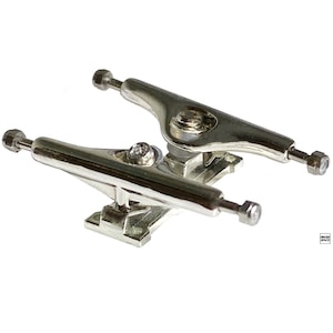 May include: Silver-toned fingerboard trucks with a polished finish. The trucks are designed for fingerboards and have a standard design.