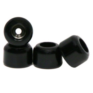 May include: Four black fingerboard wheels with a silver bearing in the center of each wheel.