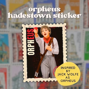 May include: A sticker featuring a stylized image of Orpheus from the musical Hadestown, inspired by Jack Wolfe. The design resembles a postage stamp, with the word "ORPHEUS" vertically on the left. The background is a collage of colorful stamps.