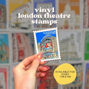 May include: A collection of colorful vinyl London theatre stamps. The stamps feature images of different theatres, including the Sondheim Theatre. The text "vinyl london theatre stamps" is written in white letters on a pink background. The text "AVAILABLE FOR EVERY THEATRE" is written in white letters on a yellow circle.