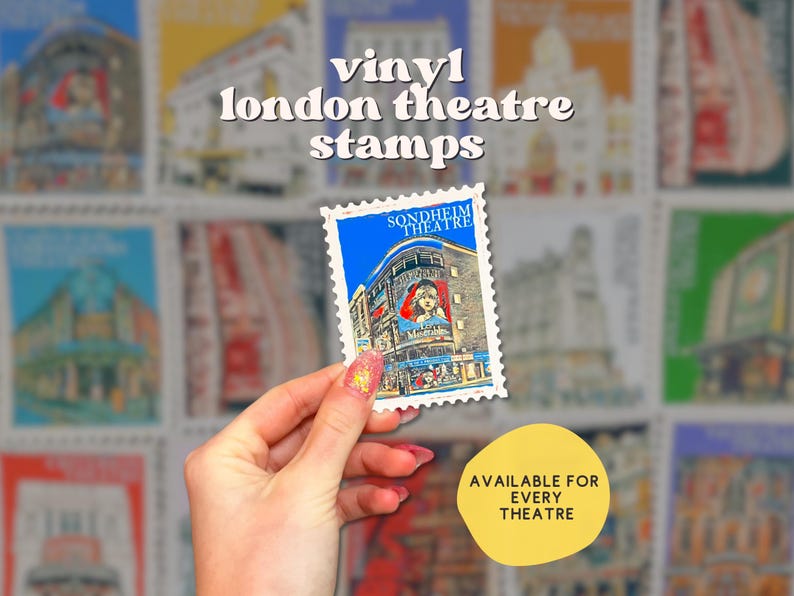 May include: A collection of colorful vinyl London theatre stamps. The stamps feature images of different theatres, including the Sondheim Theatre. The text "vinyl london theatre stamps" is written in white letters on a pink background. The text "AVAILABLE FOR EVERY THEATRE" is written in white letters on a yellow circle.