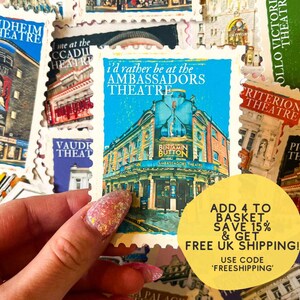 May include: A collection of colorful vintage postage stamps featuring images of London theaters. The stamps are arranged in a hand, with a yellow circle in the foreground that reads "ADD 4 TO BASKET, SAVE 15% & GET FREE UK SHIPPING! USE CODE 'FREESHIPPING'".