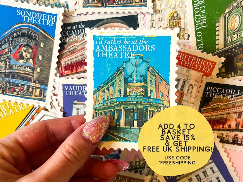 May include: A collection of colorful vintage postage stamps featuring images of London theaters. The stamps are arranged in a hand, with a yellow circle in the foreground that reads "ADD 4 TO BASKET, SAVE 15% & GET FREE UK SHIPPING! USE CODE 'FREESHIPPING'".