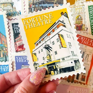 May include: A collection of vintage-style postage stamps featuring various London theaters, including the Fortune Theatre, Criterion Theatre, and Vaudeville Theatre. The stamps are printed on white paper with colorful illustrations and text.