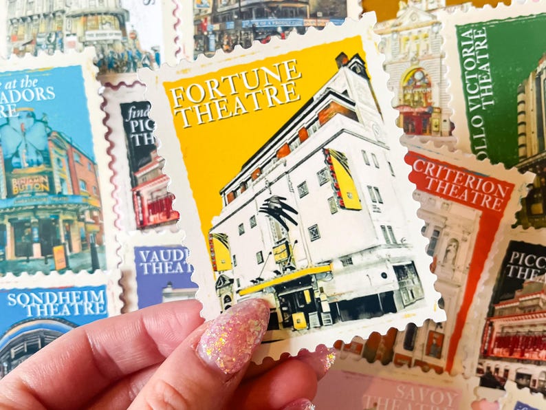 May include: A collection of vintage-style postage stamps featuring various London theaters, including the Fortune Theatre, Criterion Theatre, and Vaudeville Theatre. The stamps are printed on white paper with colorful illustrations and text.