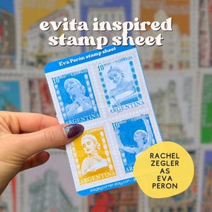 May include: A stamp sheet featuring images of Eva Perón, with the text "evita inspired stamp sheet". The stamps are blue and yellow, with the word "Argentina" and the number "10" on them. The text "RACHEL ZEGLER AS EVA PERON" is also visible.