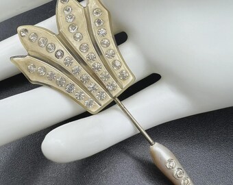 Art Deco Rhinestone Celluloid Hat Pin: 1920's Fan Shaped 3"