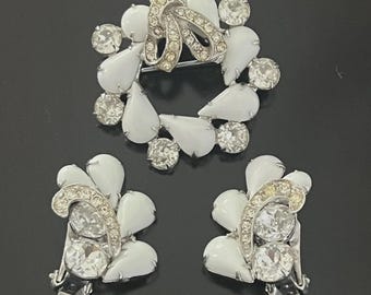 Signed Weiss White Milk Glass and Rhinestone Brooch & Clip On Earrings Set