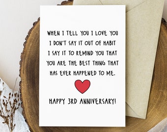 3rd Anniversary Card Printable, 3 Year Romantic Anniversary Card for Her or Him, Third Anniversary Gift for Husband Wife or Boyfriend