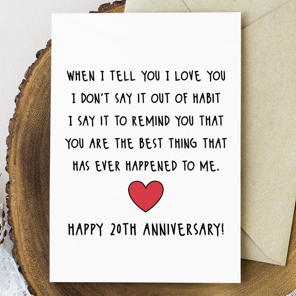 20th Anniversary Card Printable, 20 Year Romantic Anniversary Card for Her or Him, Porcelain Anniversary Gift for Husband Wife Men Women