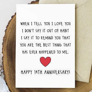 14th Anniversary Card Printable, 14 Year Romantic Anniversary Card for Her or Him, Ivory Anniversary Gift for Husband Wife Men Women
