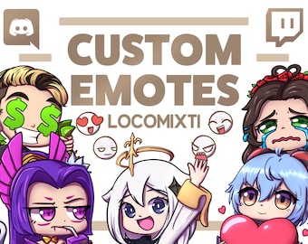 May include: A digital illustration of custom emotes for Twitch and Discord. The emotes feature various characters with different expressions, including a character with dollar signs over their eyes, a character with hearts over their eyes, a character with a crying expression, and a character with a happy expression. The text "CUSTOM EMOTES" is displayed in brown letters at the top of the image. The text "LOCOMIXTI" is displayed in white letters below the text "CUSTOM EMOTES".