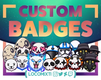 May include: A promotional image featuring the text "CUSTOM BADGES" above a collection of cartoon badges. The badges include various designs such as panda bears, skulls, and eggs. Social media icons are at the bottom.