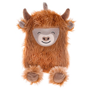 May include: A brown plush toy shaped like a Highland cow with a smiling face. The toy has a soft, fuzzy texture and is perfect for cuddling.