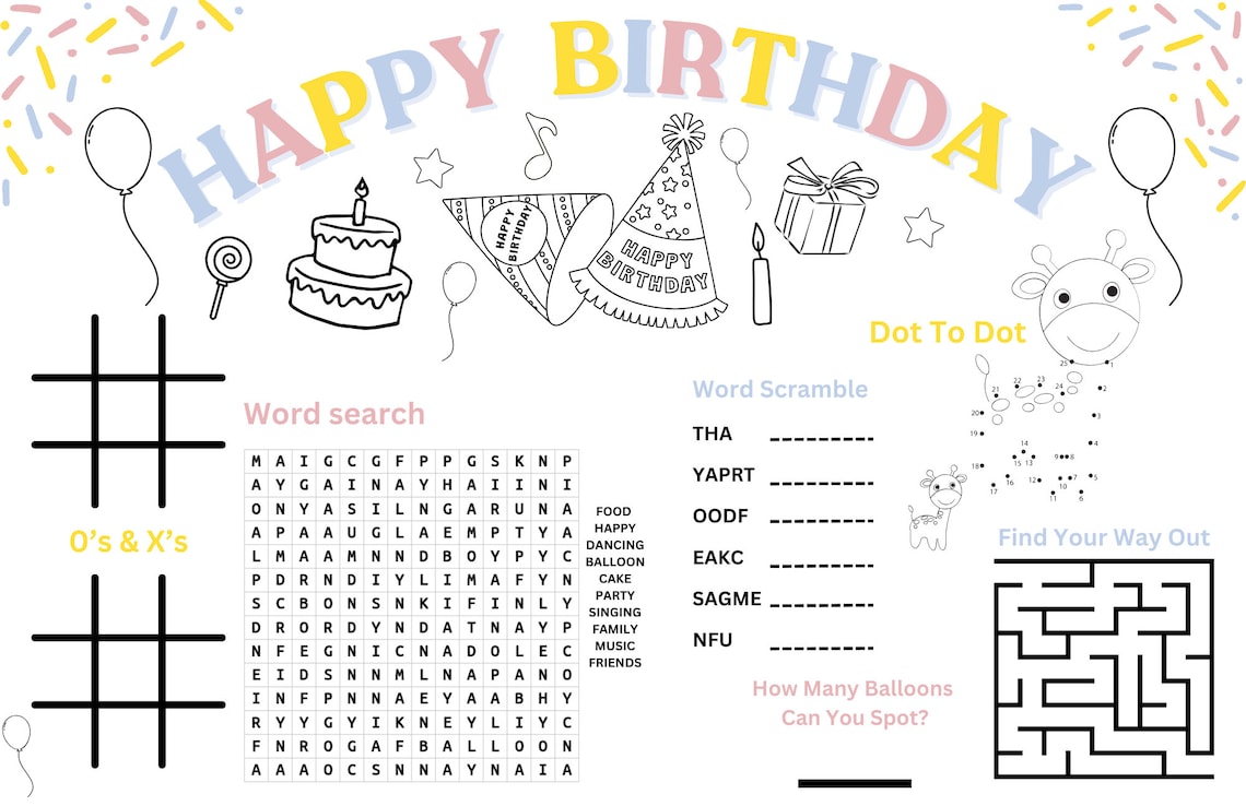 Birthday Coloring Placemat Printable Birthday Party Coloring Page Kids ...