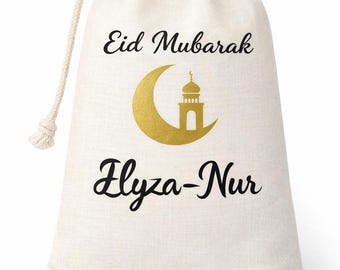Personalised Eid Mubarak Gift Bag | Custom Name Ramadan Treat Bag | Reusable Islamic Eid Sack for Kids | Arabic Gift Bag | Eid Party Favour