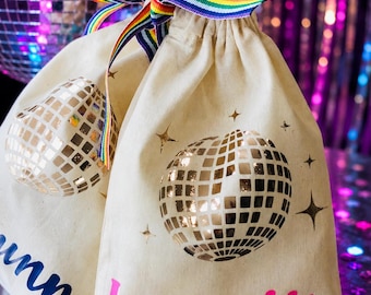 14cm x 20cm Disco ball party bag; glitterball/ eco friendly / birthday / personalised / kids party bags / rainbow ribbon