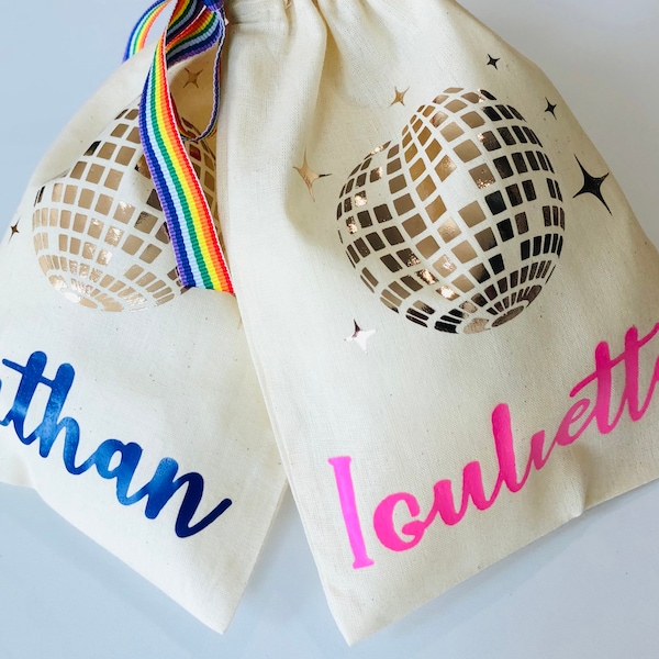 14cm x 20cm Disco ball party bag; glitterball/ eco friendly / birthday / personalised / kids party bags / rainbow ribbon