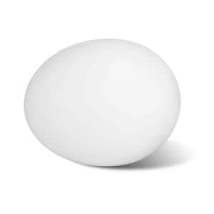 May include: A smooth, white, egg-shaped object, casting a soft shadow on a white background. The egg is a solid, opaque white, with a rounded shape and a slightly irregular surface.