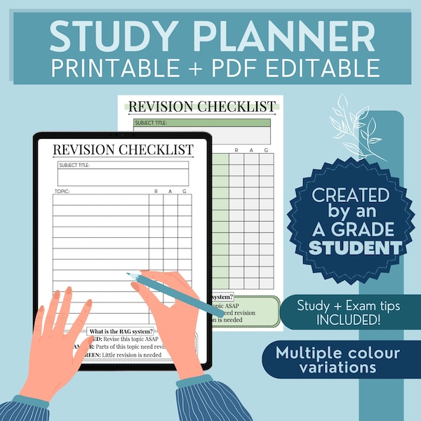 Studien- und Revisionsplaner, Stundenplan + Tipps || Produktivitätsplaner, Revisionscheckliste, Schülerplaner || Druckbar oder PDF bearbeitbar