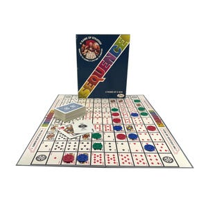 May include: A Sequence board game set with a deck of cards, game board, and colored playing chips. The game box is navy blue with the word "SEQUENCE" in yellow and red. The game board features a grid of playing cards.