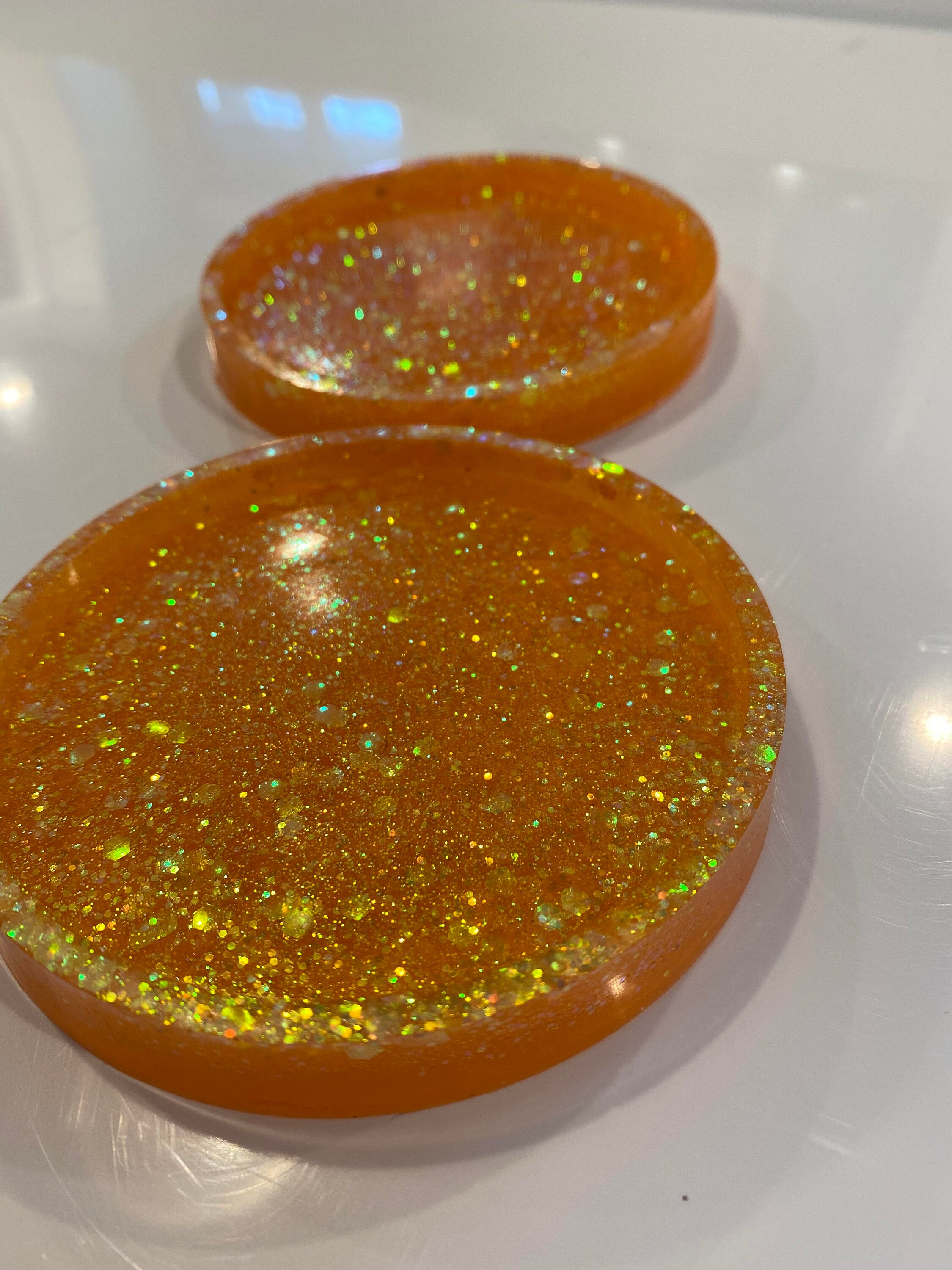 Epoxy resin coasters with iridescent orange glitter Etsy