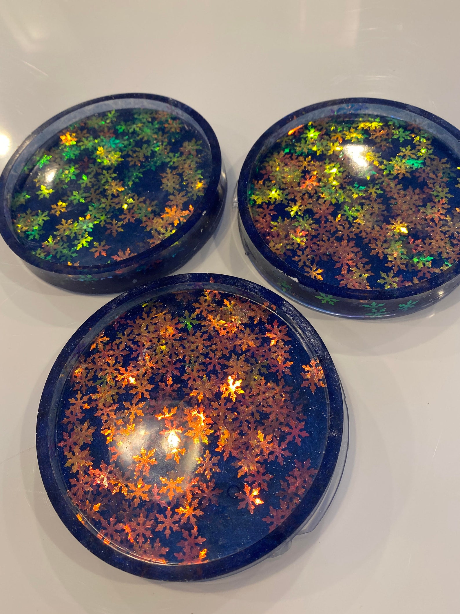 Epoxy resin coasters with iridescent snowflake glitter Etsy