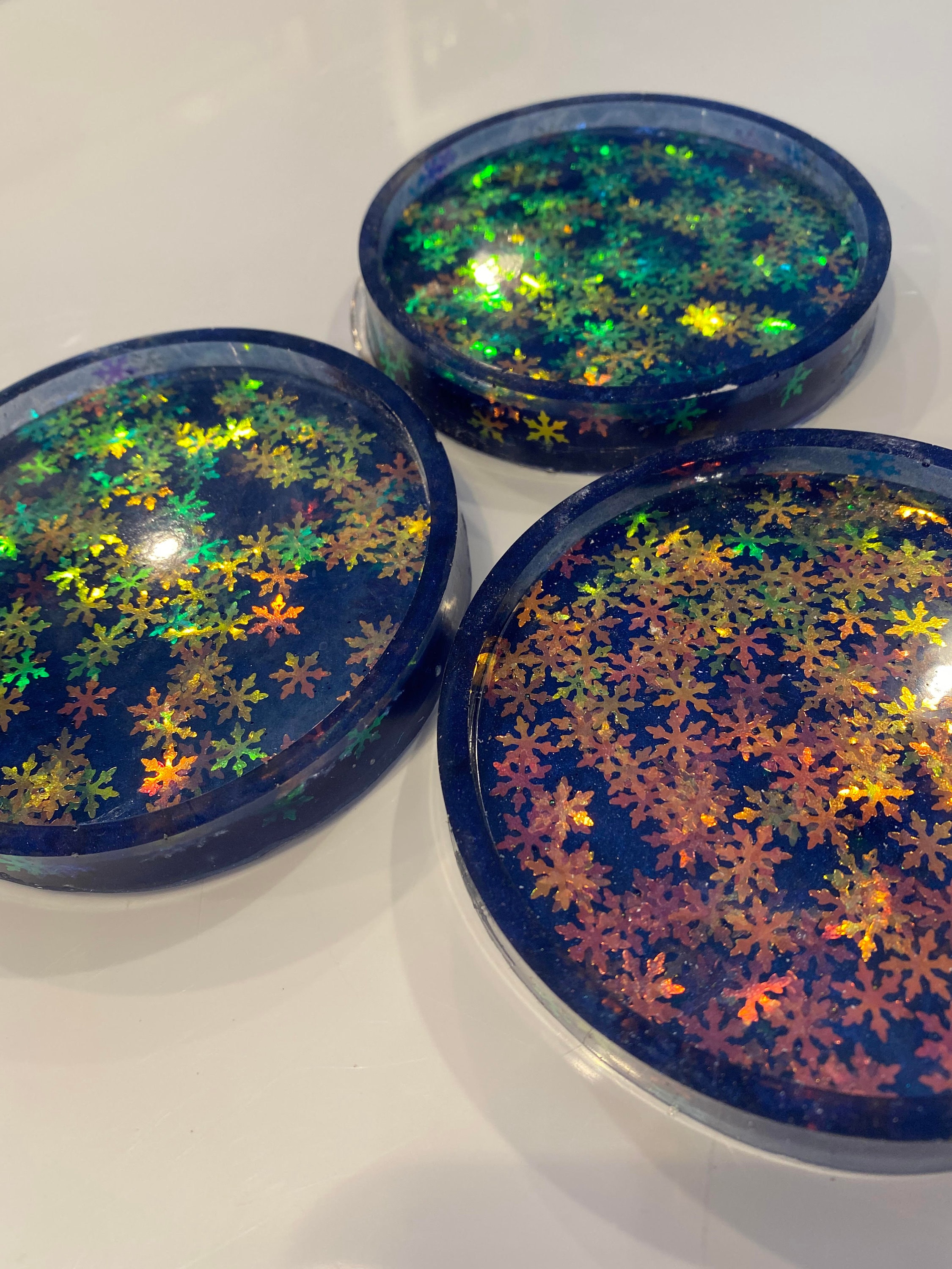 Epoxy resin coasters with iridescent snowflake glitter Etsy