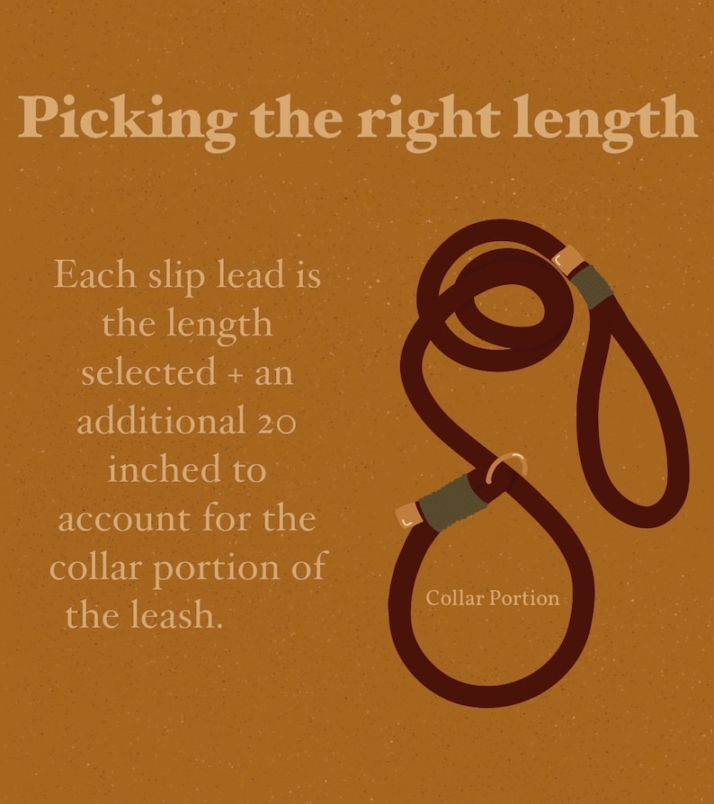 May include: An illustration on a tan background with the text "Picking the right length." A brown slip lead is shown, with text explaining the length selected plus an additional 20 inches for the collar portion. The collar portion is labeled.