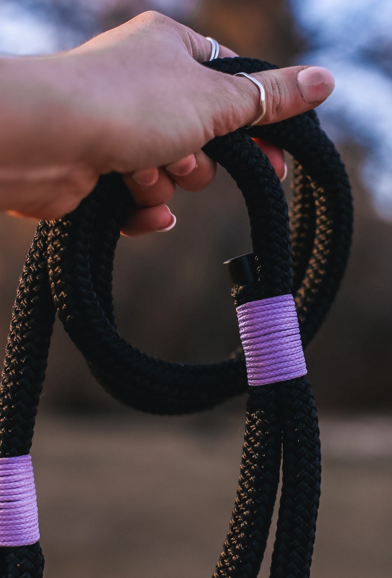 May include: Black rope dog leash with purple accents. The leash is made of thick, braided rope and features purple wrapping at the handle and near the clasp. The leash is held by a hand.