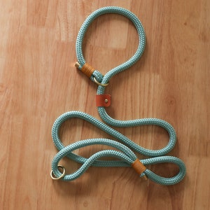 May include: A light blue rope dog leash with a matching collar. The leash features brass hardware and leather accents. The rope is looped to form a collar and a handle. The leash is displayed on a wooden surface.