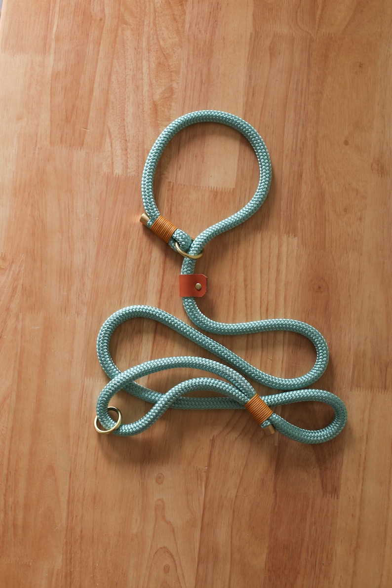 May include: A light blue rope dog leash with a matching collar. The leash features brass hardware and leather accents. The rope is looped to form a collar and a handle. The leash is displayed on a wooden surface.