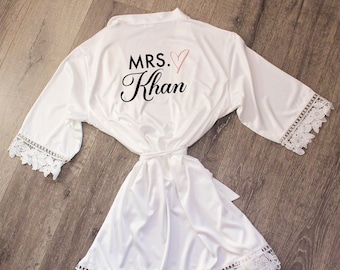 Satin Personalized Bride Robe with Lace, Bride Robe, Custom Robe for Wedding, Personalized Lace Robe, Bridal Robe, Wedding Day Robe