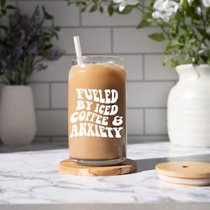 Fueled By Iced Coffee and Anxiety Glass, Cute Glass Can, Aesthetic 16oz Coffee Glass with lid and straw, Summer iced coffee glass, Coffee