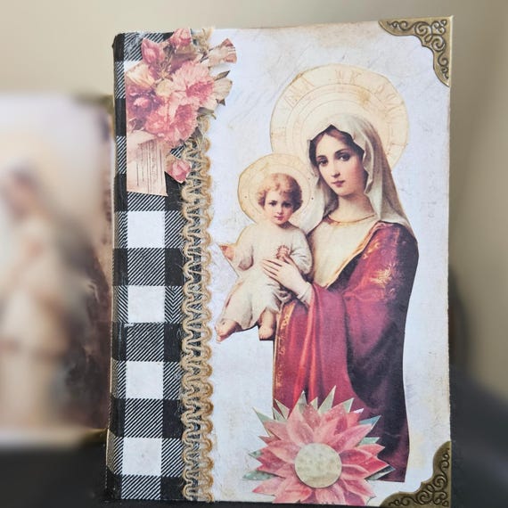 Handmade Catholic Reusable Hardcover Notepad Cover with 4x6 Notepad and Pen Catholic art cover Mother's Day gift