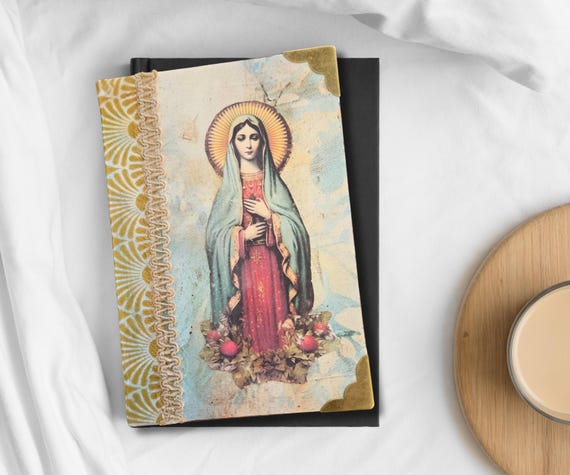 Catholic Stationary Handcrafted Reusable Hardcover Notepad Cover with 4x6 Notepad and Pen Catholic art cover Mother's Day gift