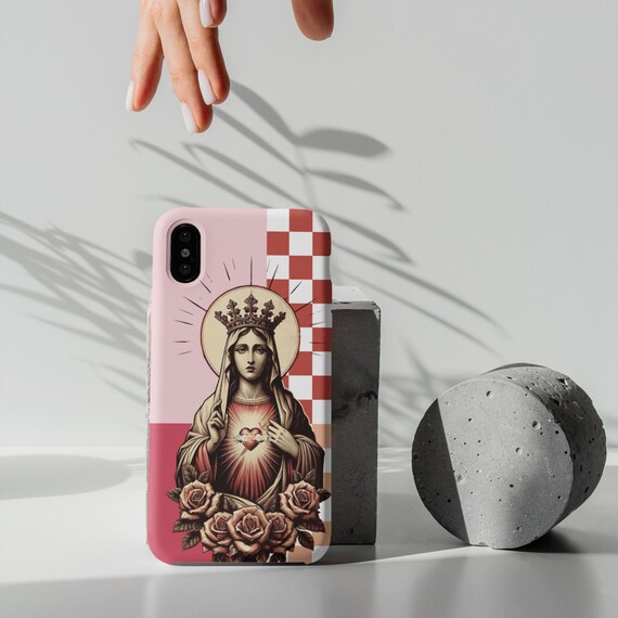 Pink Berry Checkered Catholic Phone Case iPhone Samsung Galaxy Tough Case for Young Catholic Student Gift Blessed Mother Art Mom gift